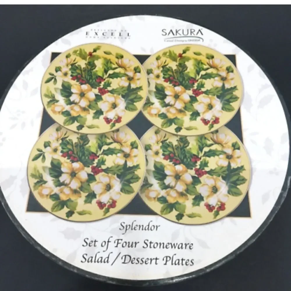 Set of 4 Sakura Splendor Holiday Stoneware 8” Salad Dessert Plates in box
